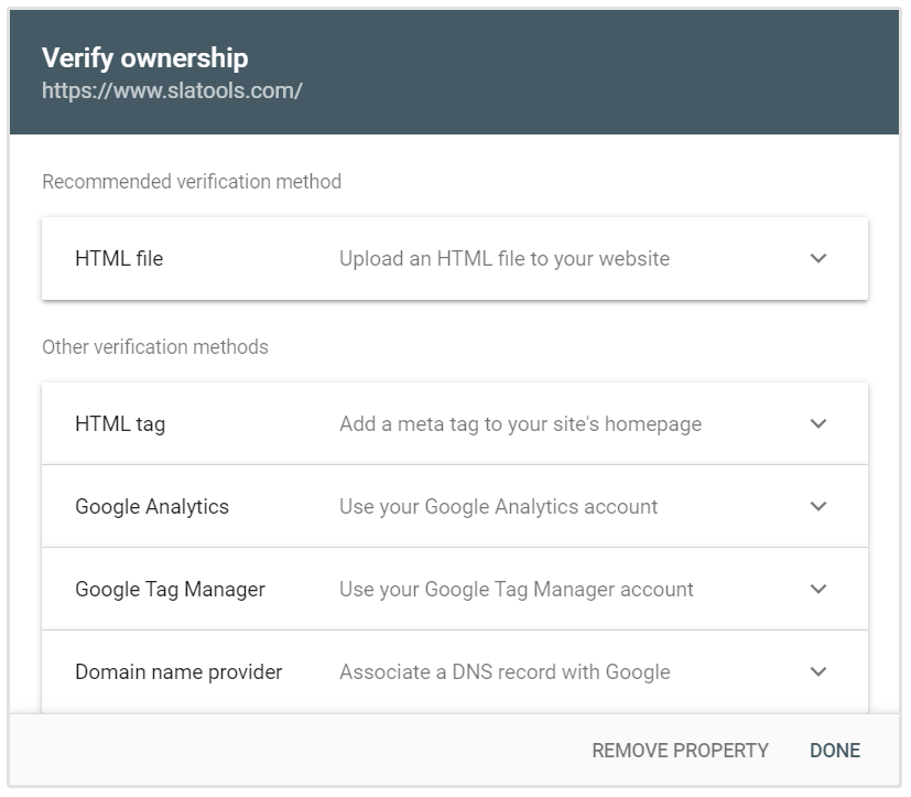 Opzioni di Verifica URL Google Search Console